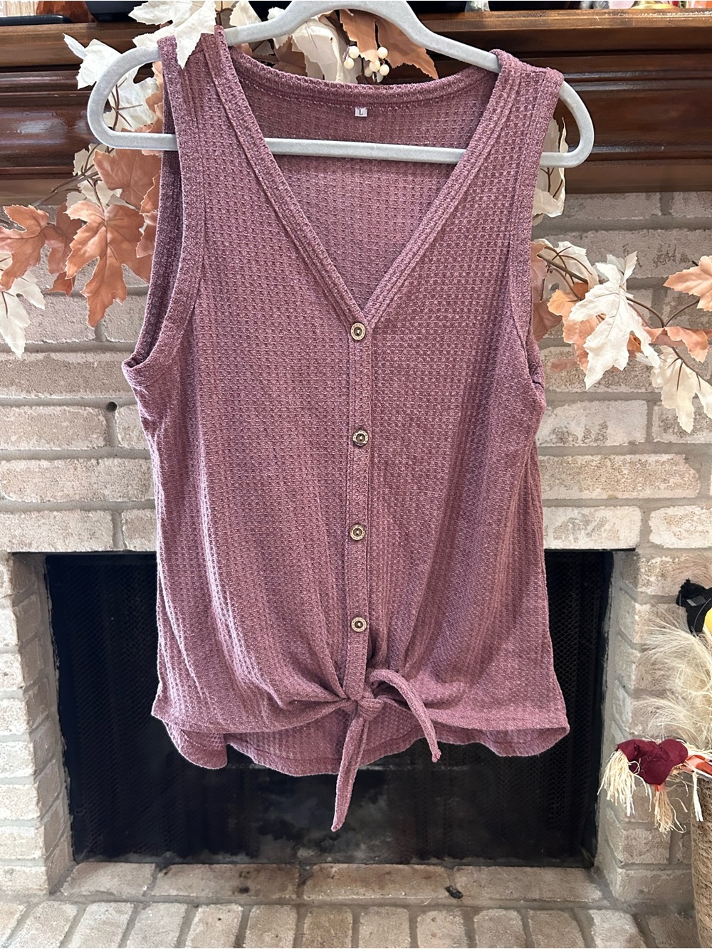 Sleeveless Waffle-Knit Button Front Tie Top - Mauve Pink EUC